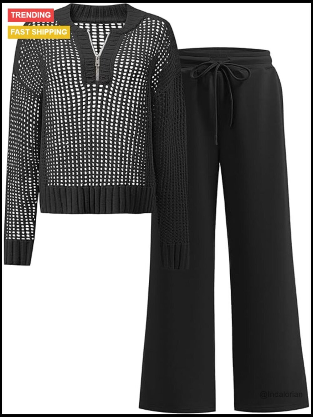 2 Piece Matching Set: Crochet Half Zip Sweater Top & Wide Leg Lounge Pants